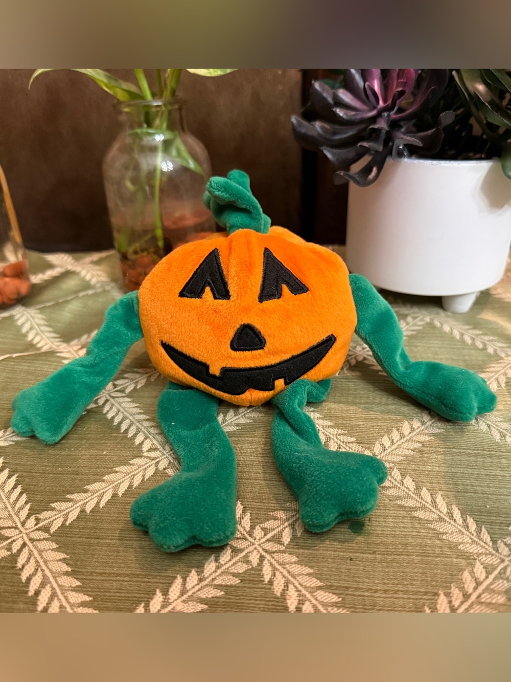 Ty Orange Pumpkin Plush with Green Limbs and Black Face